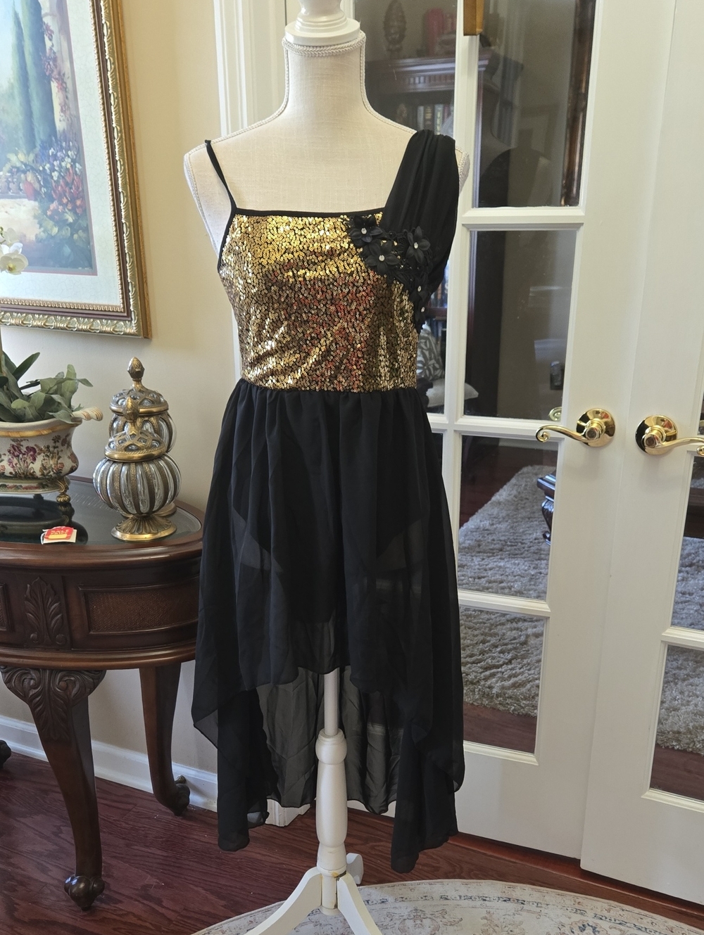Ibtom Castle Black Body Suit Dress Gold Sequins One Shoulder Sheer Skirt Lg NEW
